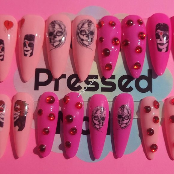 Stiletto Scary Lady Love Hearts Red Rhinestones Press on Nails Set Halloween - Picture 1 of 3